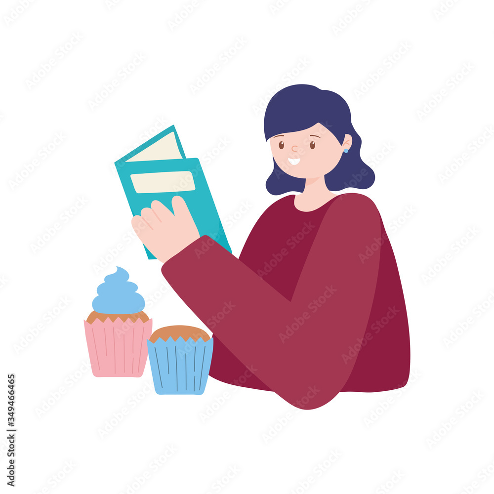 people activities, girl reading book and sweet cupcakes cartoon people activities, girl reading book and sweet cupcakes cartoon