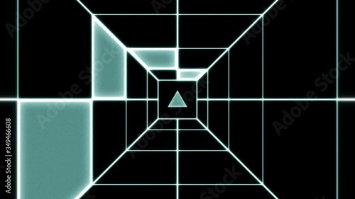 Digital generated video of travelling concentric lines. The flight of the camera though digital halls.Flying glowing triangle in the middle. Movement through neon halls. Futuristic tech space concept.
