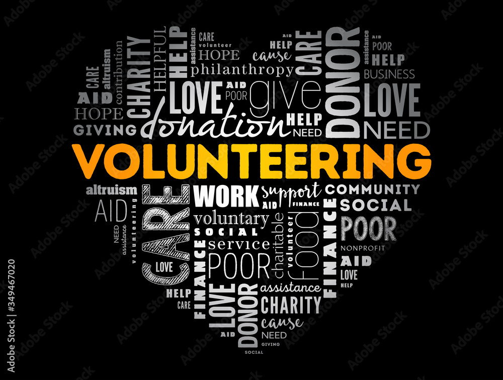 Volunteering word cloud, heart concept background Volunteering word cloud, heart concept background