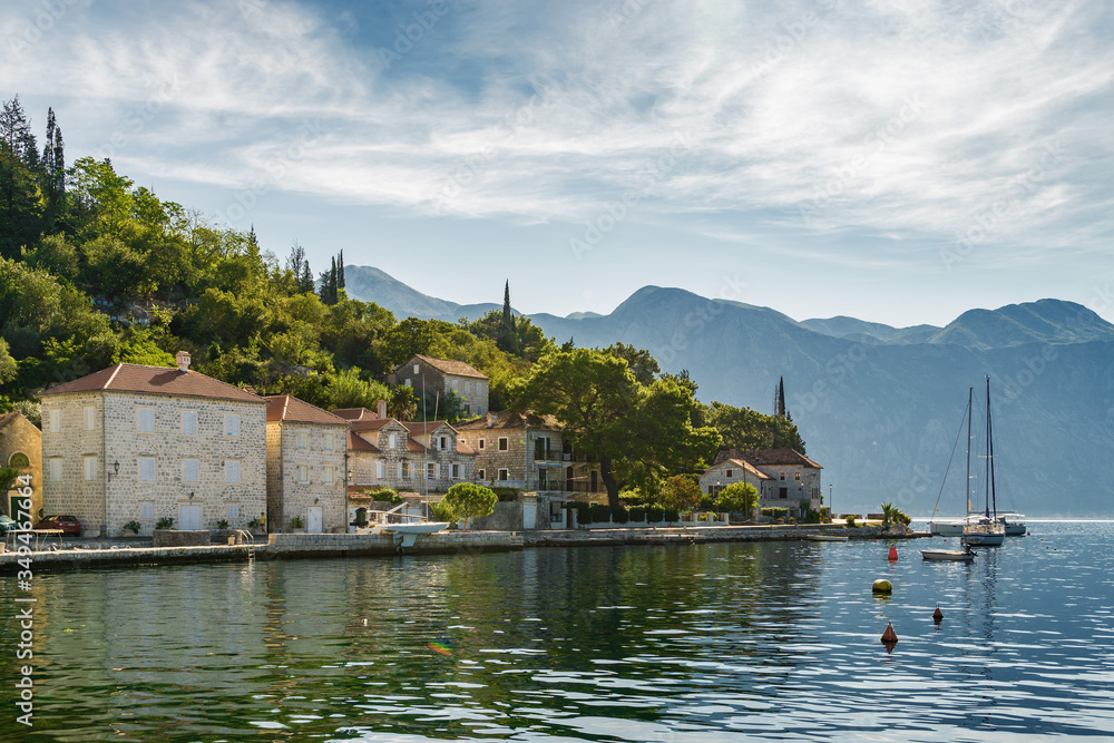 Sunny morning view of old town Perast of the Kotor bay, Montenegro.