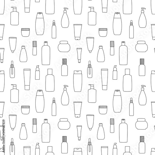 Seamless pattern with black outline cosmetic containers  bottles  spray  cream jar  tube. Organic cosmetology and dermatology concept. Hand drawn flat vector Illustration.