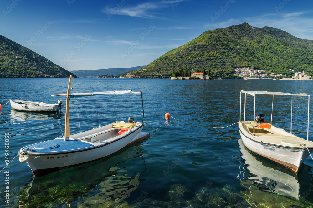 Sunny morning view of old town Perast of the Kotor bay, Montenegro.