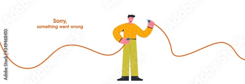 Cartoon guy hold unplugged cable internet disconnect vector flat illustration. Colorful confused man having problem broken network connection isolated on white background. Sorry, something went wrong