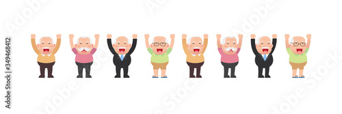 Character set of Old men, Older seniors retired are standing and Happy smiling with raised hands up for Cheerful and celebrating, An elderly man cartoon design in 4 Different flat style Vector