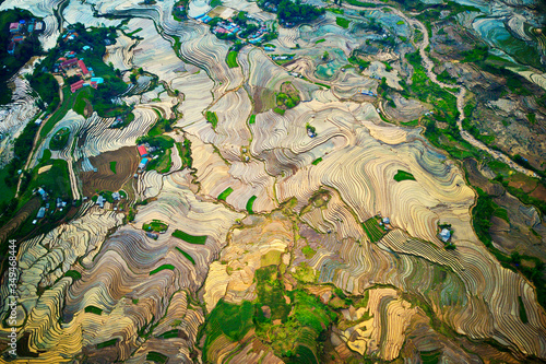 Tablou pe pânză Aerial image of terraces in Y Ty, Lao Cai full of water, ready for plowing and harrowing