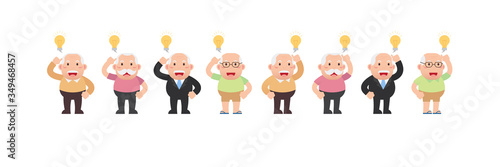 Character set of Old men, Older seniors retired are Happy smiling and thinking with light idea bulb above head, An elderly man cartoon design in 4 Different flat style Vector illustration