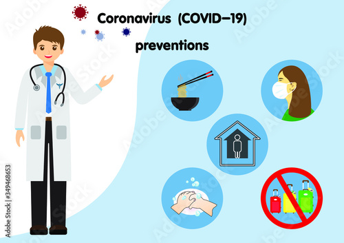 Doctor explain Infographics, wear face mask,wash hands,eat hot foods and avoid going risk places. Vector illustration. Idea for coronavirus outbreak and preventions. 