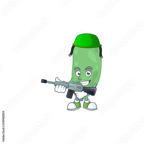 A mascot design picture of thermus thermophilus as a dedicated Army using automatic gun photo