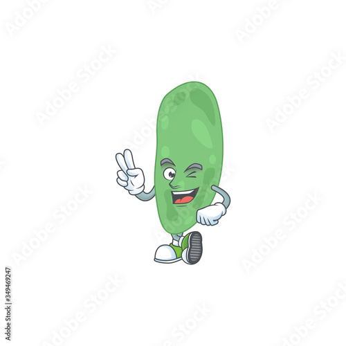 smiling thermus thermophilus cartoon mascot style with two fingers