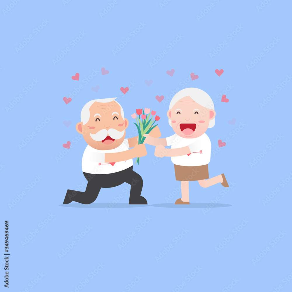 Happy lovers Grandparents, Senior couples retired elderly are Smiling, Man giving bouquet flowers to Woman, a rose on a date, Love concept, Character Cartoon design flat style Vector illustration Happy lovers Grandparents, Senior couples retired elderly are Smiling, Man giving bouquet flowers to Woman, a rose on a date, Love concept, Character Cartoon design flat style Vector illustration