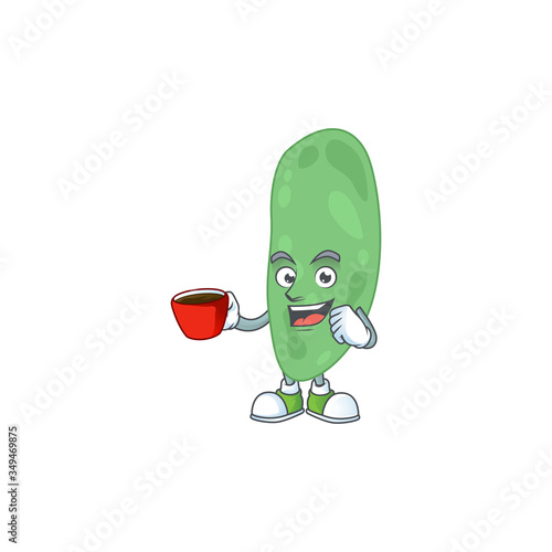 A mascot design character of thermus thermophilus drinking a cup of coffee