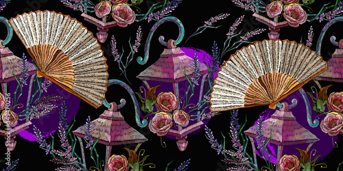 Vintage lantern, japan fan and roses flowers. Horizontal seamless pattern. Spring good night, embroidery. Oriental art. Fashion template for clothes, tapestry, t-shirt design
