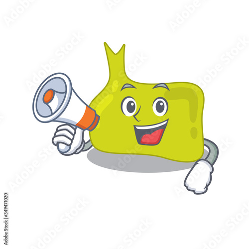 Mascot design of pituitary announcing new products on a megaphone