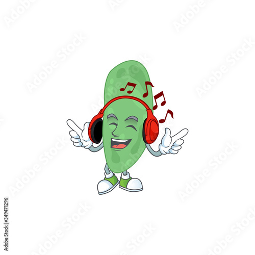 Cartoon drawing design of thermus thermophilus listening to the music with headset