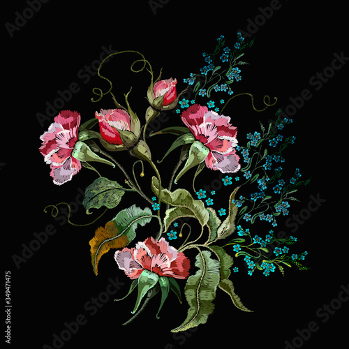 Embroidery datura flowers and meadow herbs. Botanical illustration. Summmer garden art. Template for design of clothes, t-shirt design