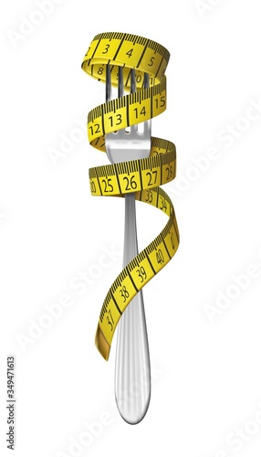 3d realistic  vector diet concept illustration. Fork with measuring tape on it. Isolated on white background.