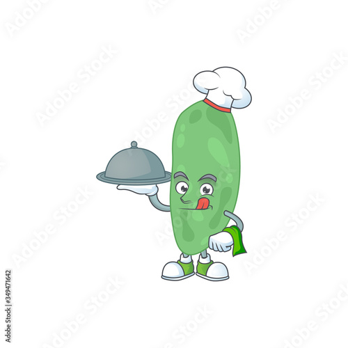 A thermus thermophilus chef cartoon mascot design with hat and tray