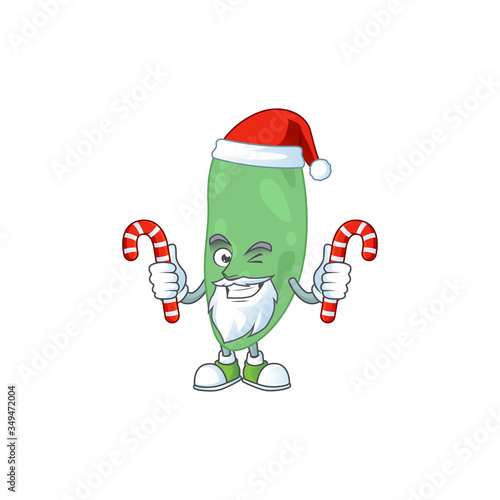 Cartoon character of thermus thermophilus as a Santa having candies