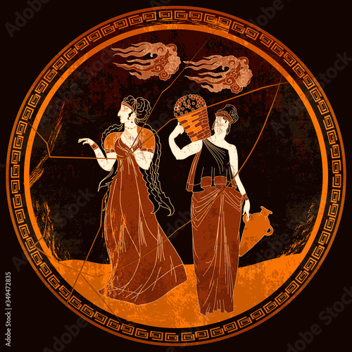 Ancient Greece. Goddess. Mythology and legends. Greek vase painting. Red figure techniques. Meander circle style