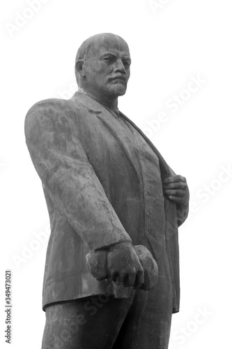 Side view of the monument to Vladimir Lenin on a white background.