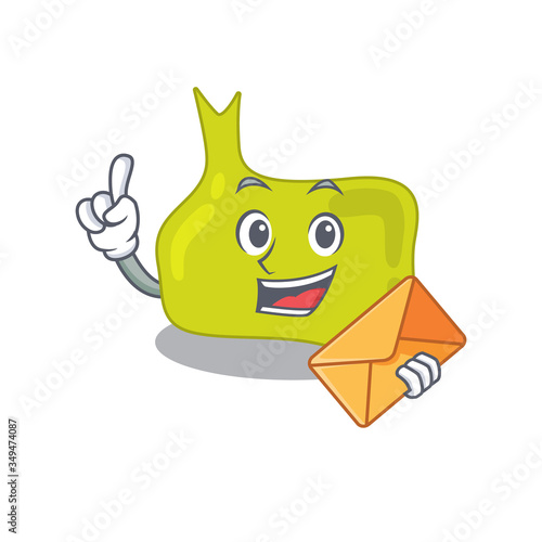 A picture of cheerful pituitary cartoon design with brown envelope