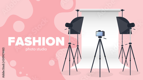 Photo Studio Vector. Blank white canvas background on tripods. Camera on a tripod, softbox. Professional photo studio.