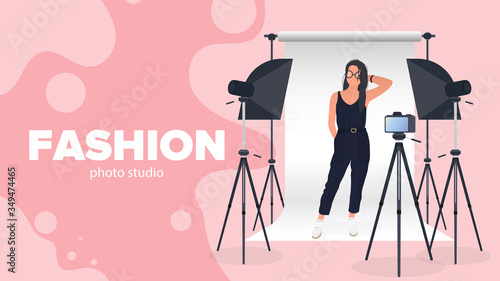 Fashion photo studio banner. Girl posing to the camera. White canvas background on tripods. Camera on a tripod, softbox. Professional photo studio. Vector.