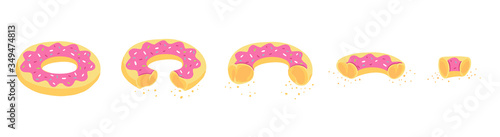 Eating stages a donut. Bit size off a piece. Pink cream. Delicious dessert. Isometric view. Freehand vector sketch. Animation progression infographic.