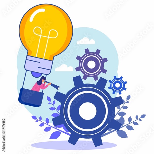 Flat vector illustration, business women find new ideas and start the mechanism as a business, looking for new solutions, creative work.