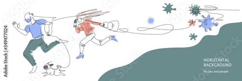 People flee from viruses. Man and woman. Panic, flight, fear, pandemic.