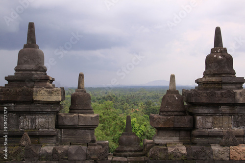 Architecture detail at Borobudur temple and clouds