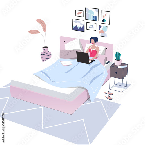 Woman lying in the bed,  studying or working at home. Online learning concept. Enjoy self-isolation, stay in your cozy home. Scandinavian interior. Flat vector illustration.