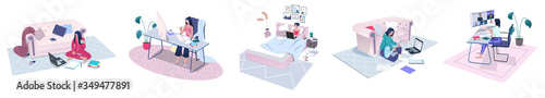 Set of women sitting at home, learning and working online at the computer, laptop, having part at video conference, playing guitar. Enjoy self-isolation, stay home. Flat vector illustration.