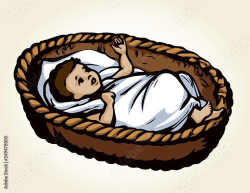 Little baby in a basket. Vector drawing
