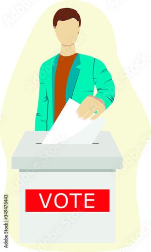 Man puts vote bulletin into vote box. Election concept. Presidential Election Day Vote Box. Flat design vector illustration