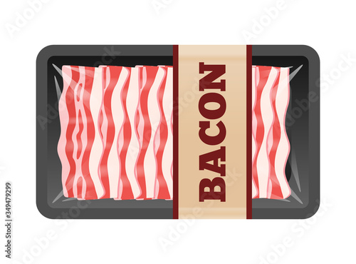 sliced bacon package in transparent foam tray isolated on white background