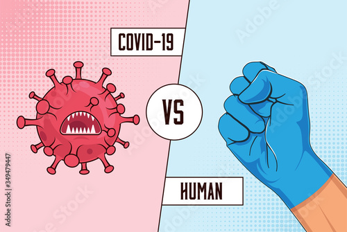 Covid-19 vs Human. Fight coronavirus concept with red cartoon virus bacteria versus human raised fist in blue protective medical glove. Vector illustration