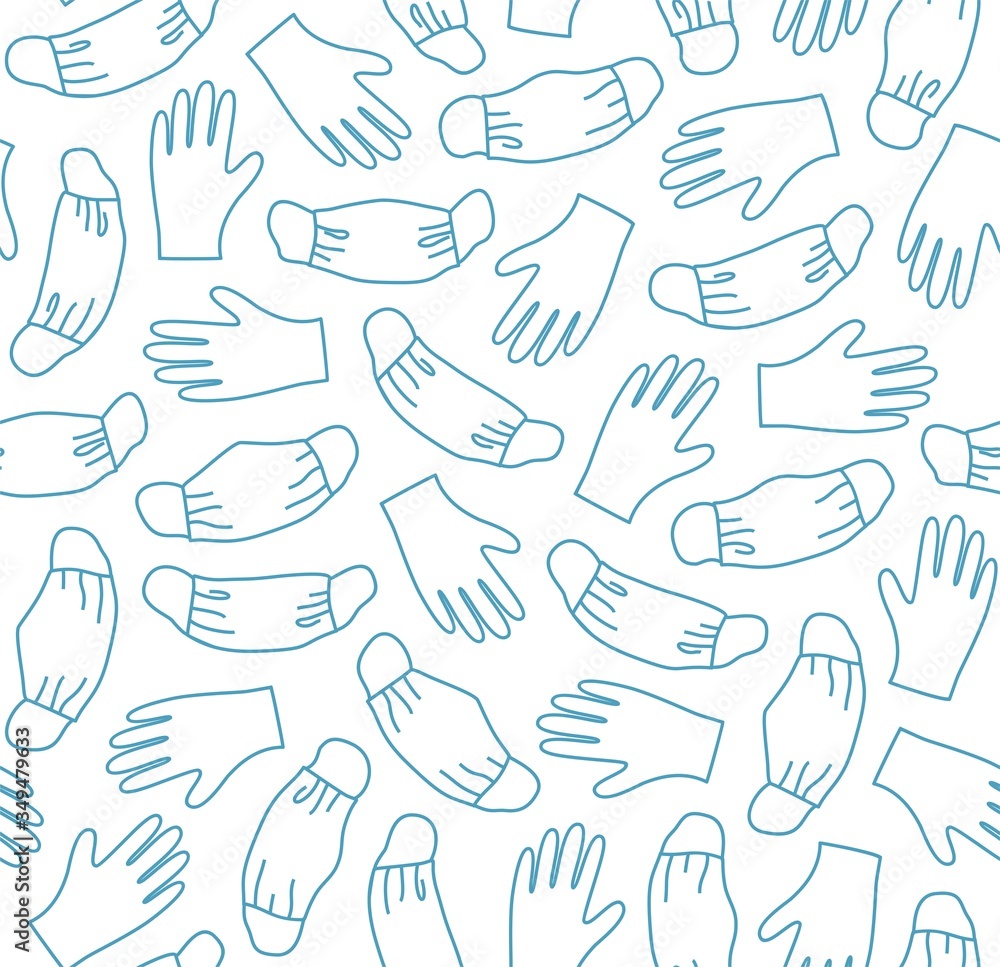 Masks and gloves, virus, protection, seamless pattern. Thin contour drawing. Blue images on a white field. Illustration. Vector. Masks and gloves, virus, protection, seamless pattern. Thin contour drawing. Blue images on a white field. Illustration. Vector.