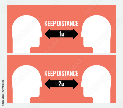 Keep distance attention message sign template with two human heads silhouettes and black bold two sided arrow with 1m and 2m caption. Covid-19 coronavirus prevention concept. Vector illustration