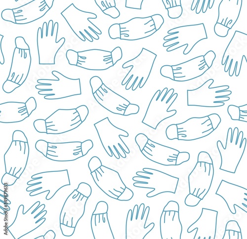 Masks and gloves, virus, protection, seamless pattern. Thin contour drawing. Blue images on a white field. Illustration. Vector.  