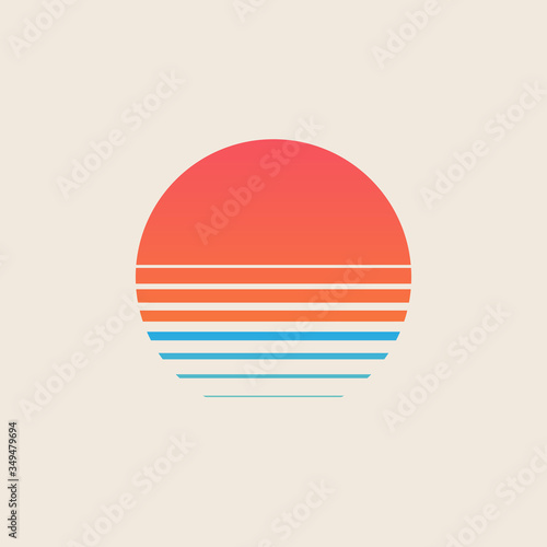 Retro sunset above the sea or ocean with sun and water silhouette. Vintage styled summer logo or icon design isolated on white background. Vector illustration.