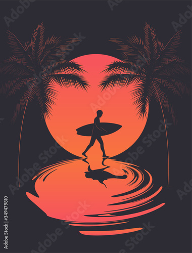 Summer poster with walking surfer silhouette at sunset and reflection on the water and palm silhouettes. Vector illustration