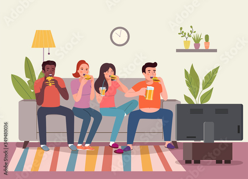 Young women, men sitting on sofa and eating burgers and watches TV on the sofa in the living room. Vector flat style illustration