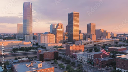Oklahoma City, Oklahoma, USA. 16 May 2020. Aerial of the Bricktown city skyline at sunrise photo
