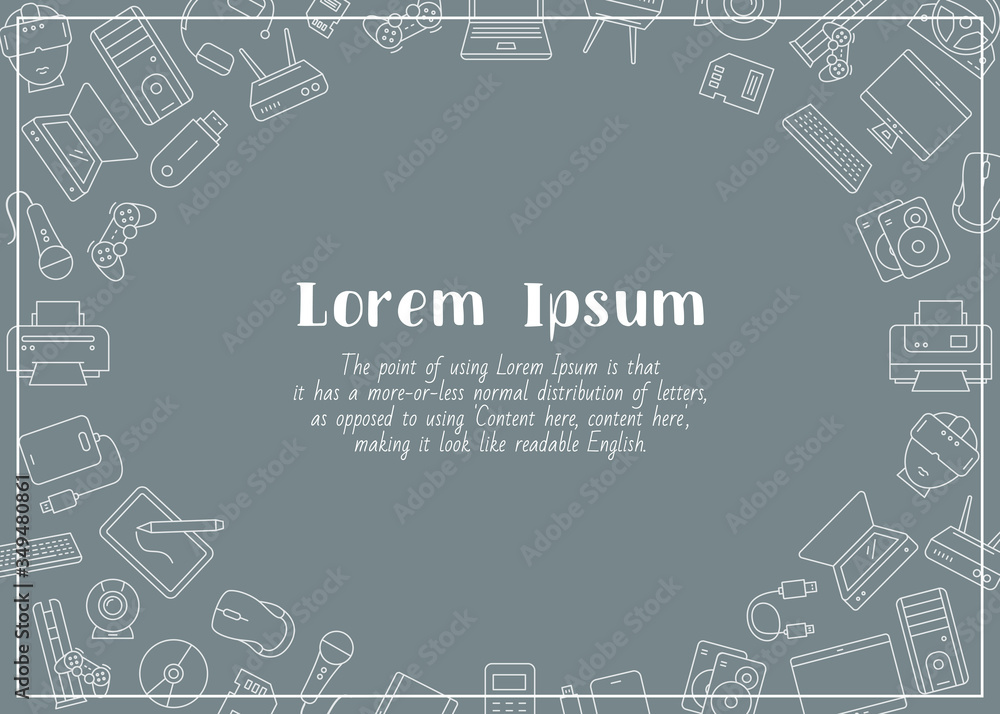 Electronic devices - horizontal card with text and vector outline illustrations of technique and computer for graphic design Electronic devices - horizontal card with text and vector outline illustrations of technique and computer for graphic design