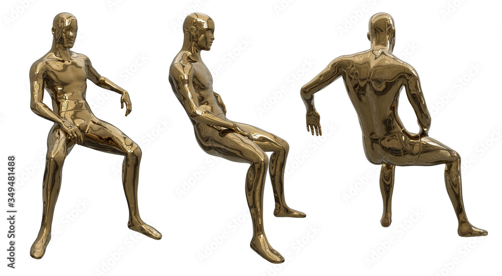 Set of male sitting mannequins of gold glossy color in different angles. Slender male figure. 3d illustration isolated on a white background. Shop design element. Set of male sitting mannequins of gold glossy color in different angles. Slender male figure. 3d illustration isolated on a white background. Shop design element.
