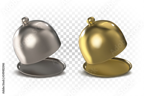 Set of gold and silver vector 3D realistic domes for serving hot dishes. Open cloche. The illustration is isolated on a white transparent background.