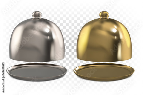 Ajar golden and silver cloche and food platter. Vector 3D realistic illustration. Restaurant serving. Cloche hot stainless steel dishes. Open front view.