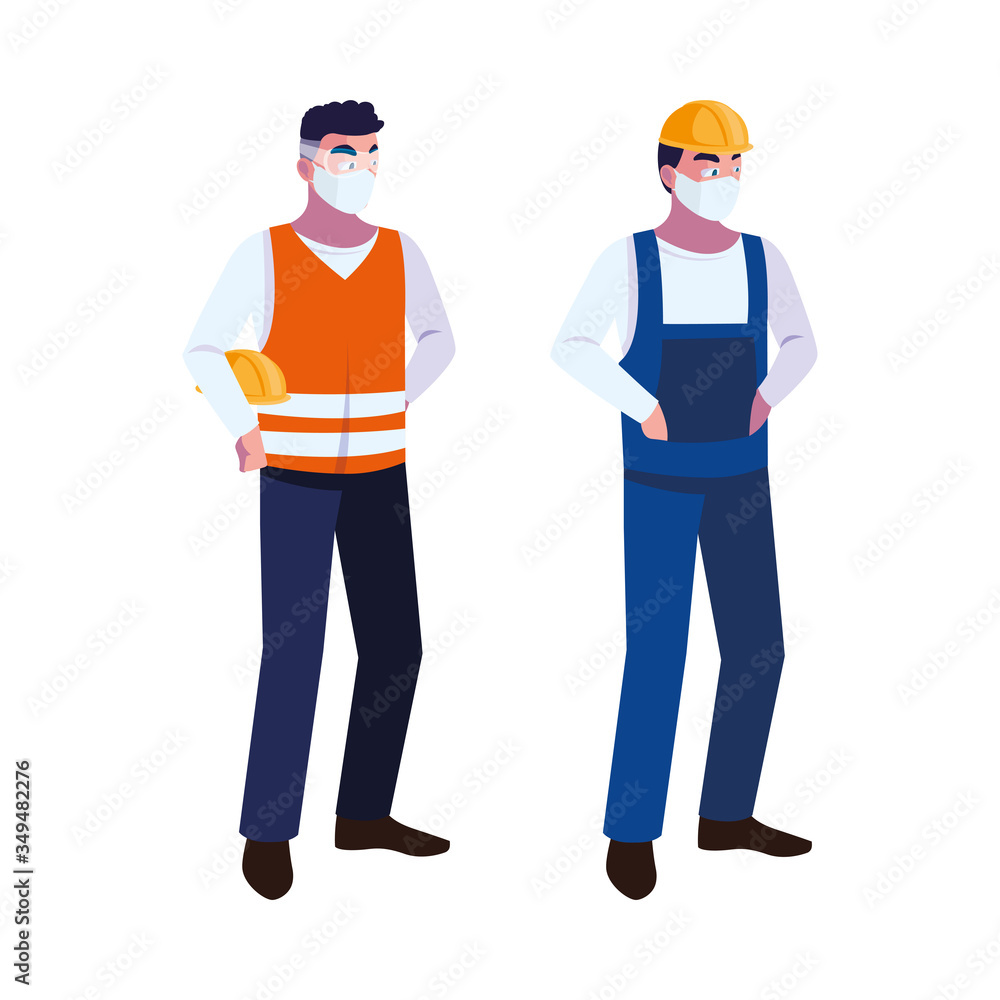 men operators with masks and reflective vests men operators with masks and reflective vests
