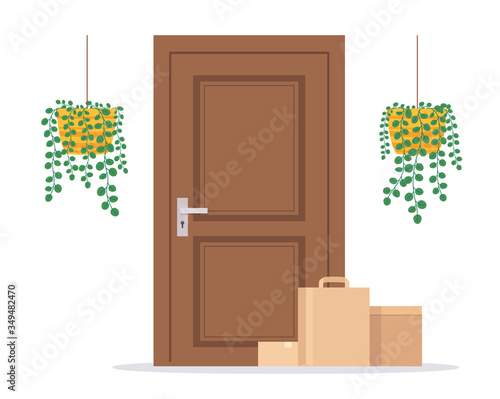 Contactless delivery of parcels to door. Concept of food and goods orders by courier service delivery.